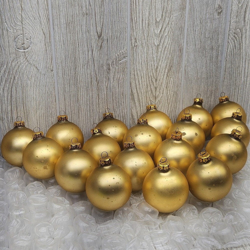 Vintage Matte Gold Glass Christmas Ornaments Set 18 Holiday Tree Round Balls - Picture 3 of 8